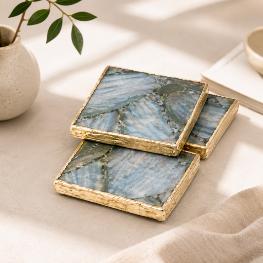 Blue & Green Agate Square Coasters – Set of 4 — finish options, gold, silver, rose gold