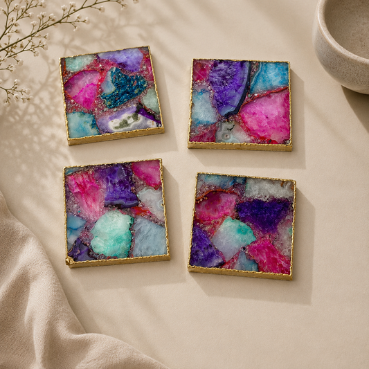 Multicolour Agate Square Coasters – Set of 4 — finish options, gold, silver, rose gold