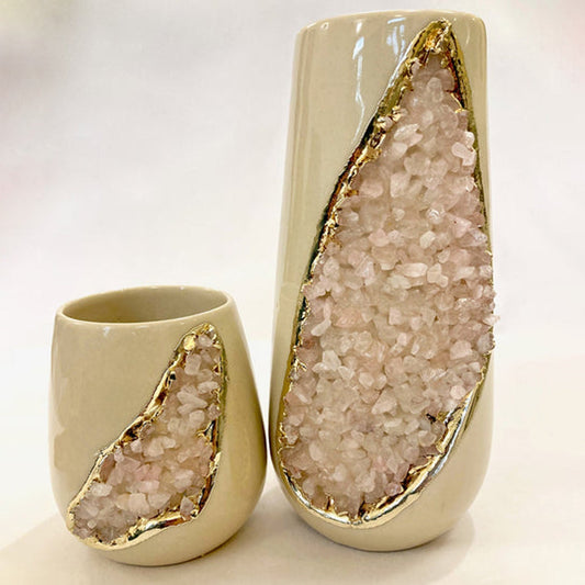 Cream and Gold Ceramic Vase/Planter/Pot/Wine Goblet/Mug with Rose Quartz Semi-precious Agate Crystal Gemstones