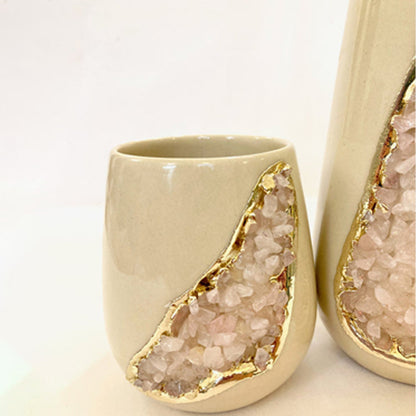 Cream & Gold Ceramic Vase with Rose Quartz