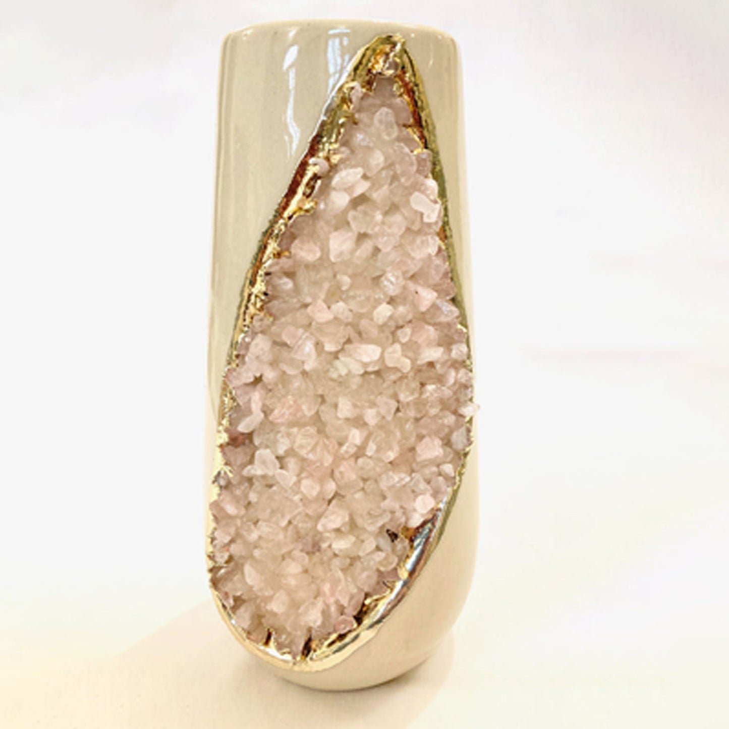 Cream & Gold Ceramic Vase with Rose Quartz