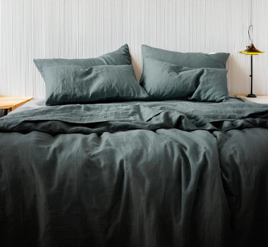 Deep Sea Green - 100% Pure Linen | Linen Cotton Mix | 3 Piece Duvet Cover Set | 4 Piece Sheet Set | Handmade | Pre-washed | Soft