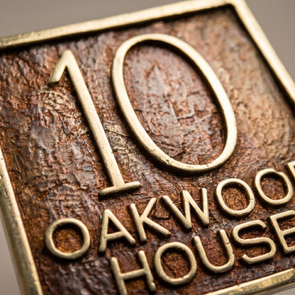 House Number Plaque | Handcrafted stone-effect brass detail