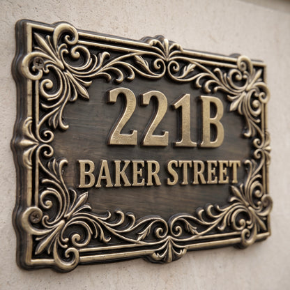 Victorian House Number Sign | Ornate border detail, antique brass