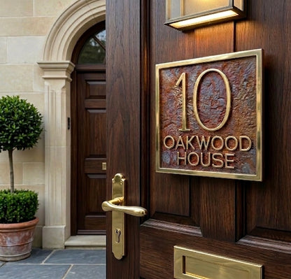 House Number Plaque | Stone-effect antique brass, custom address