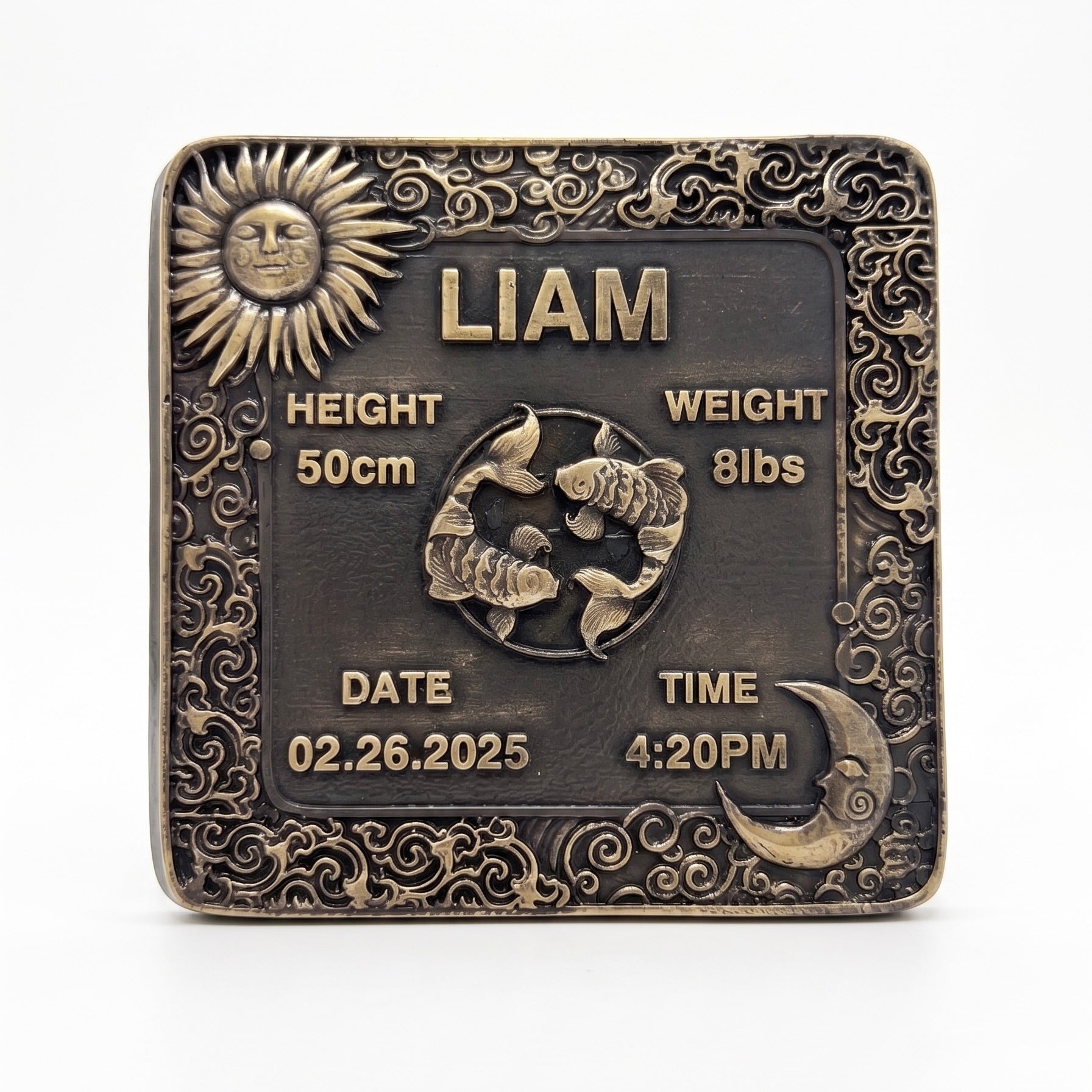 Zodiac Birth Tile | Antique brass birth keepsake close-up