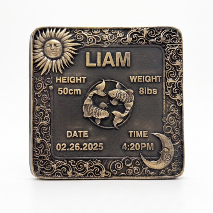 Zodiac Birth Tile | Antique brass birth keepsake close-up