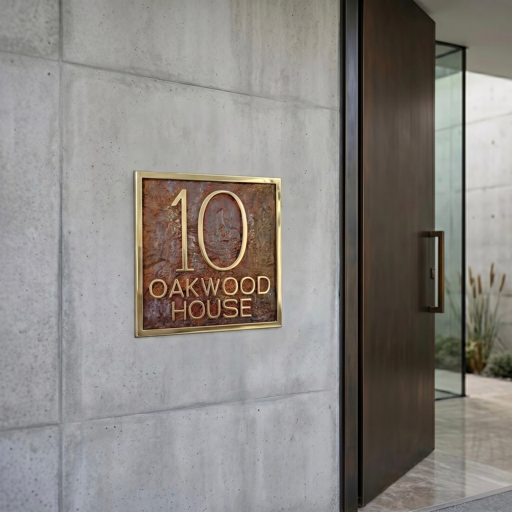 Personalized House Number Plaque | Antique brass stone-effect address sign, India