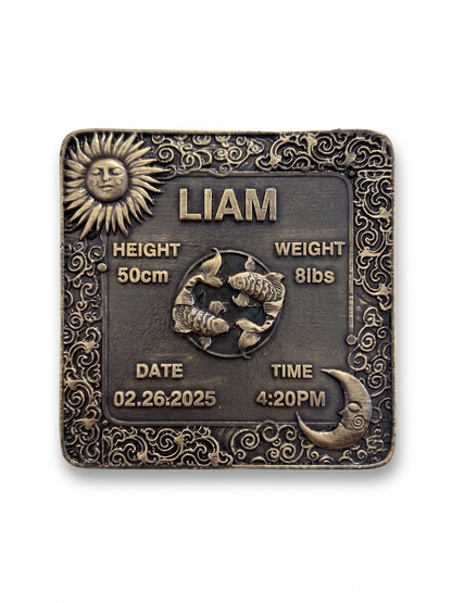 Personalized Zodiac Birth Tile | Custom Antique Brass Baby Birth Details Plaque