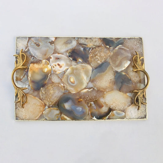 Golden Brown Agate  Serving Tray With Brass Handles