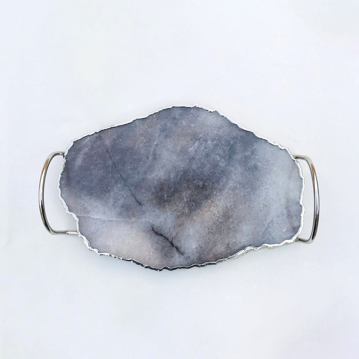 Grey Agate Quartz Serving Tray With Silver Finish  Loop Handles