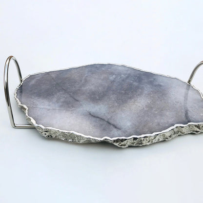 Grey Agate Quartz Serving Tray With Silver Finish  Loop Handles