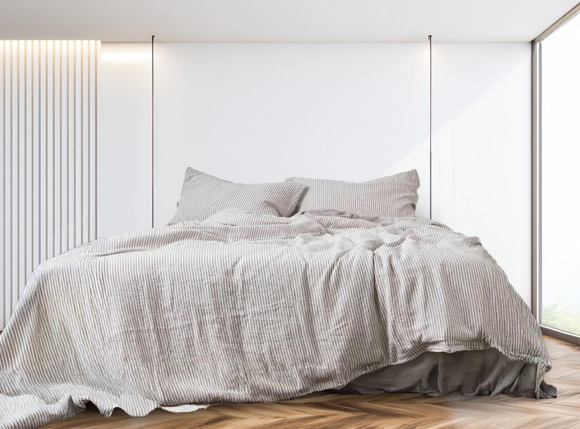 Grey and White Striped - 100% Pure Linen | Linen Cotton Mix | 3 Piece Duvet Cover Set | 4 Piece Sheet Set | Handmade | Pre-washed | Soft
