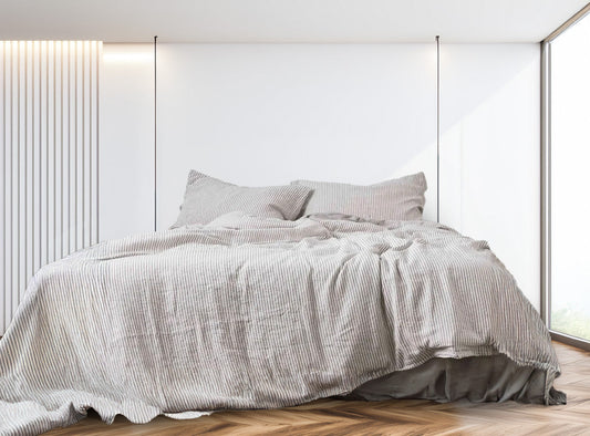 Grey and White Striped - 100% Pure Linen | Linen Cotton Mix | 3 Piece Duvet Cover Set | 4 Piece Sheet Set | Handmade | Pre-washed | Soft