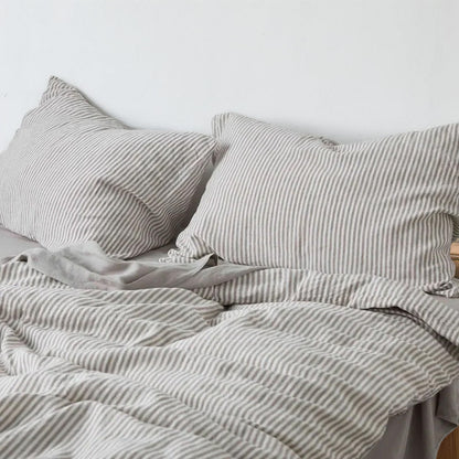 Grey and White Striped - 100% Pure Linen | Linen Cotton Mix | 3 Piece Duvet Cover Set | 4 Piece Sheet Set | Handmade | Pre-washed | Soft