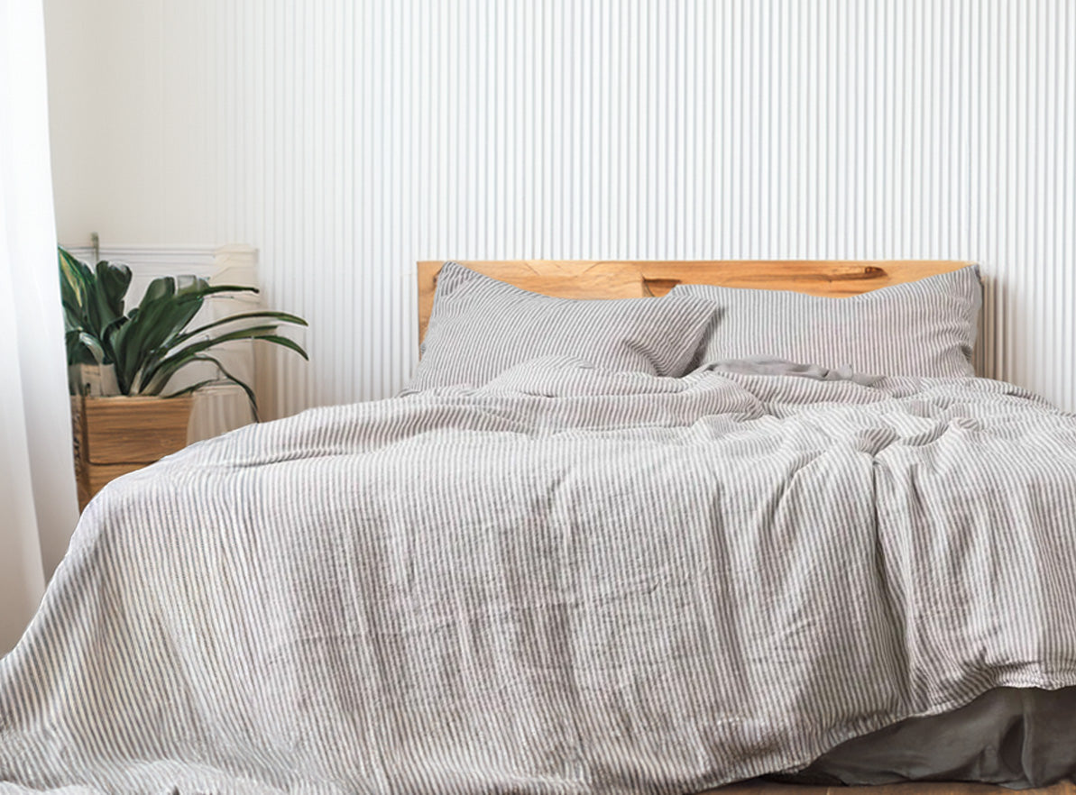 Grey and White Striped - 100% Pure Linen | Linen Cotton Mix | 3 Piece Duvet Cover Set | 4 Piece Sheet Set | Handmade | Pre-washed | Soft