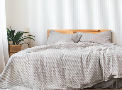 Grey and White Striped - 100% Pure Linen | Linen Cotton Mix | 3 Piece Duvet Cover Set | 4 Piece Sheet Set | Handmade | Pre-washed | Soft