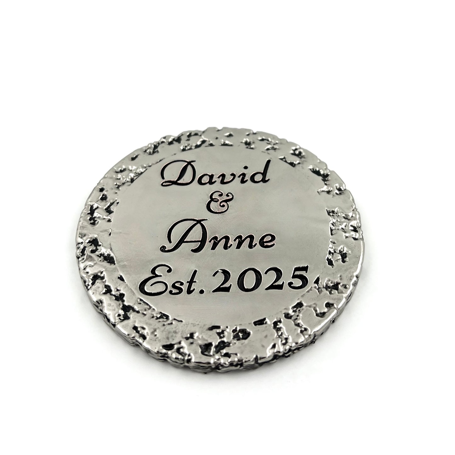 Custom engraved round coasters | Personalised metal name decor in gold, silver or antique | set of 4