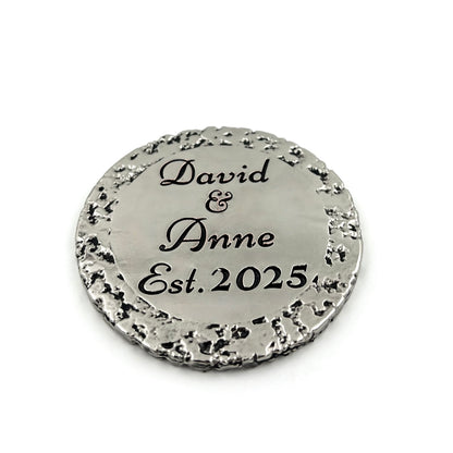 Custom engraved round coasters | Personalised metal name decor in gold, silver or antique | set of 4