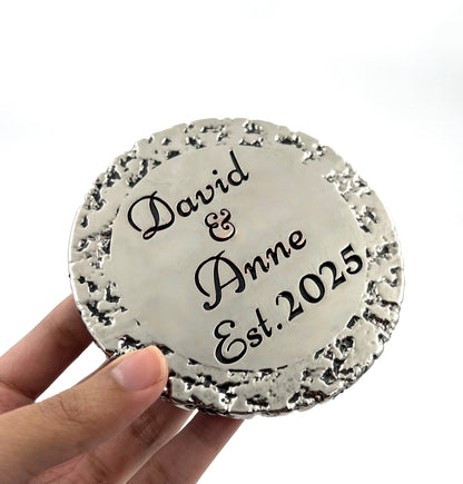 Custom engraved round coasters | Personalised metal name decor in gold, silver or antique | set of 4