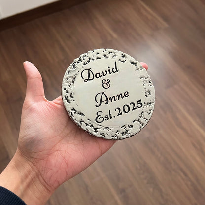 Custom engraved round coasters | Personalised metal name decor in gold, silver or antique | set of 4