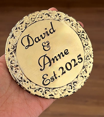 Custom engraved round coasters | Personalised metal name decor in gold, silver or antique | set of 4