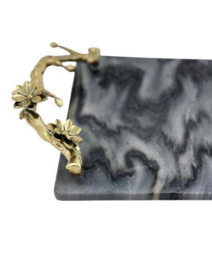 Black Marble Tray with Gilded Floral Handles | Decorative Serveware