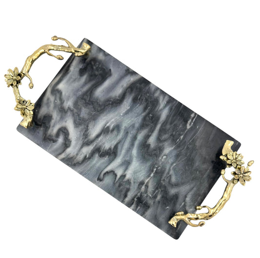 Black Marble Tray with Gilded Floral Handles | Decorative Serveware