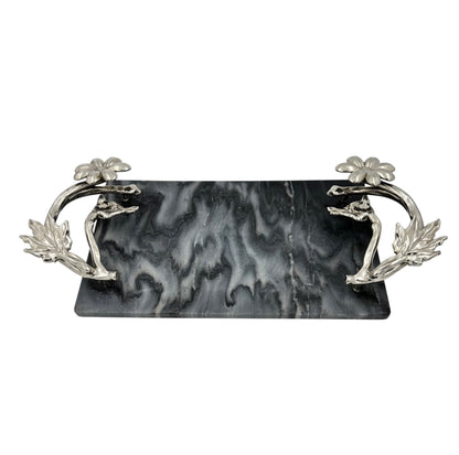 Black Marble Tray with Gilded Floral Handles | Decorative Tray | Decorative Serveware