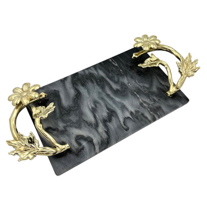 Black Marble Tray with Gilded Floral Handles | Decorative Tray | Decorative Serveware