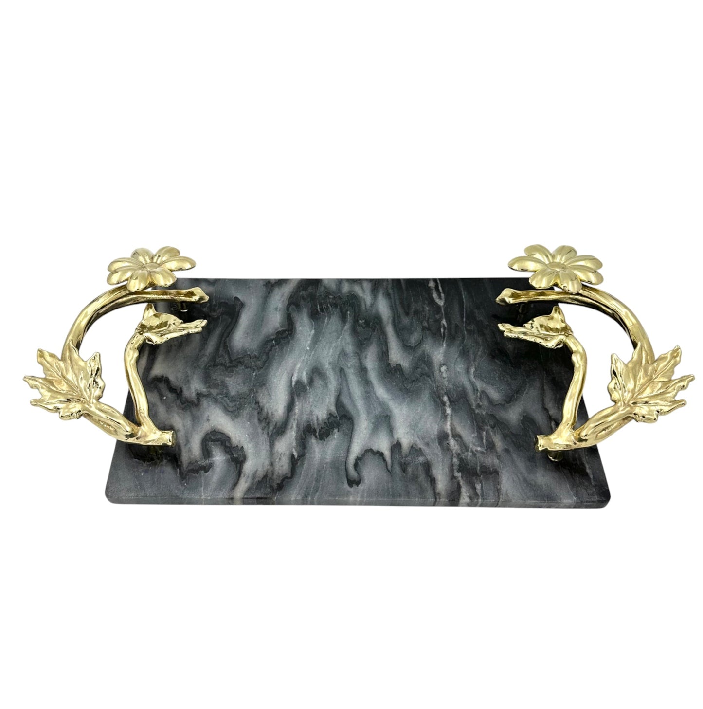Black Marble Tray with Gilded Floral Handles | Decorative Tray | Decorative Serveware