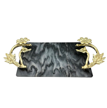 Black Marble Tray with Gilded Floral Handles | Decorative Tray | Decorative Serveware