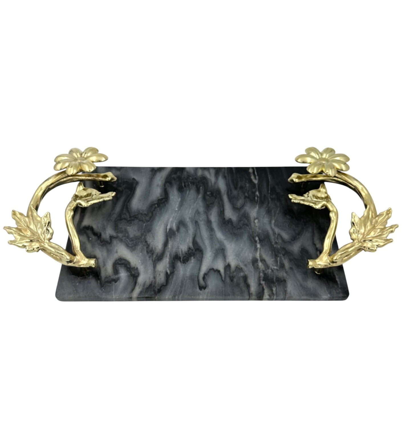 Black Marble Tray with Gilded Floral Handles | Decorative Tray | Decorative Serveware
