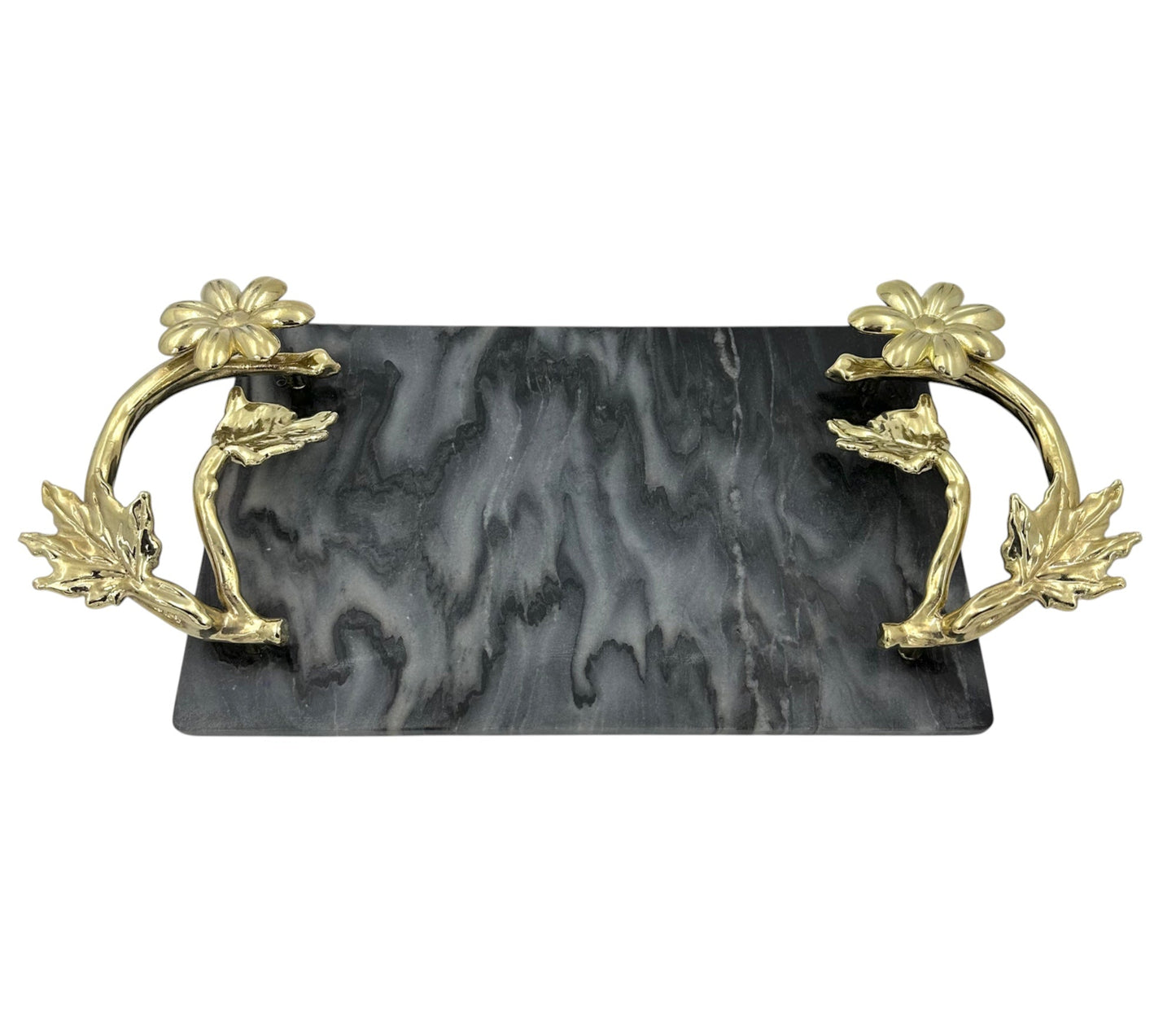 Black Marble Tray with Gilded Floral Handles | Decorative Tray | Decorative Serveware