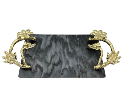 Black Marble Tray with Gilded Floral Handles | Decorative Tray | Decorative Serveware