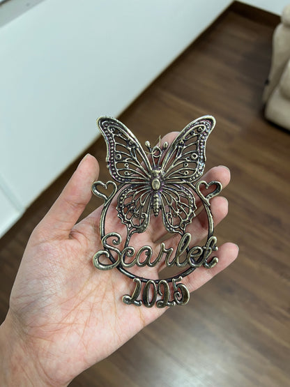 Personalised Butterfly Christmas ornament | metallic filigree name tag in gold, silver or antique | set of 2 or 4
