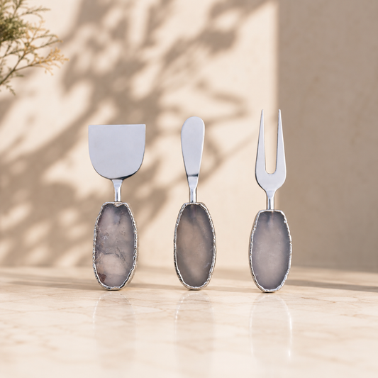 Clear Quartz Oval Cheese Board Set – Set of 3 — oval stone handles, gold or silver finish