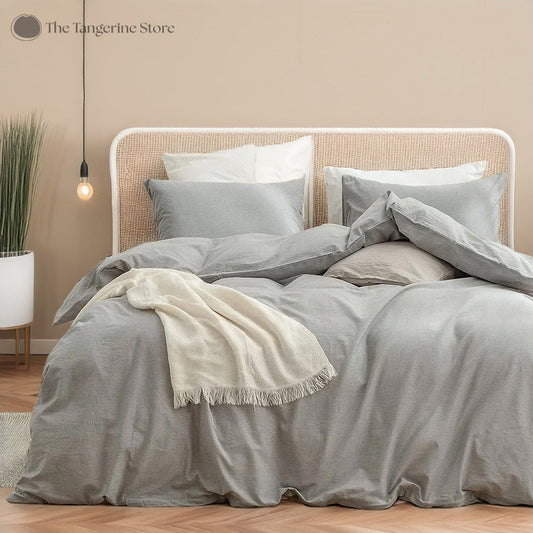 Light Grey - 100% Cotton 3 Piece Duvet Cover Set | 4 Piece Sheet Set | Pre-washed | 200 TC percale