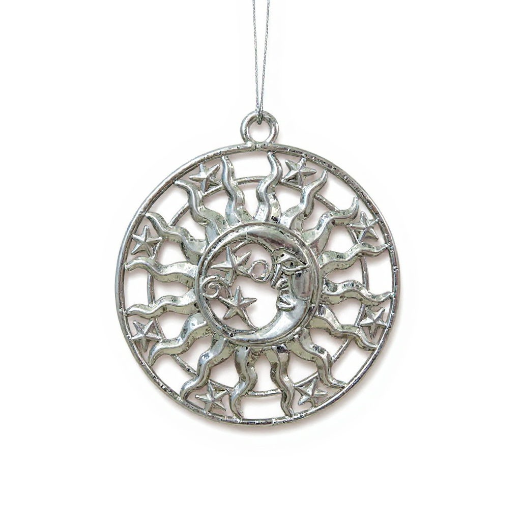 Sun and moon christmas ornament | celestial metallic decor in gold, silver and antique | set of 2 or 4