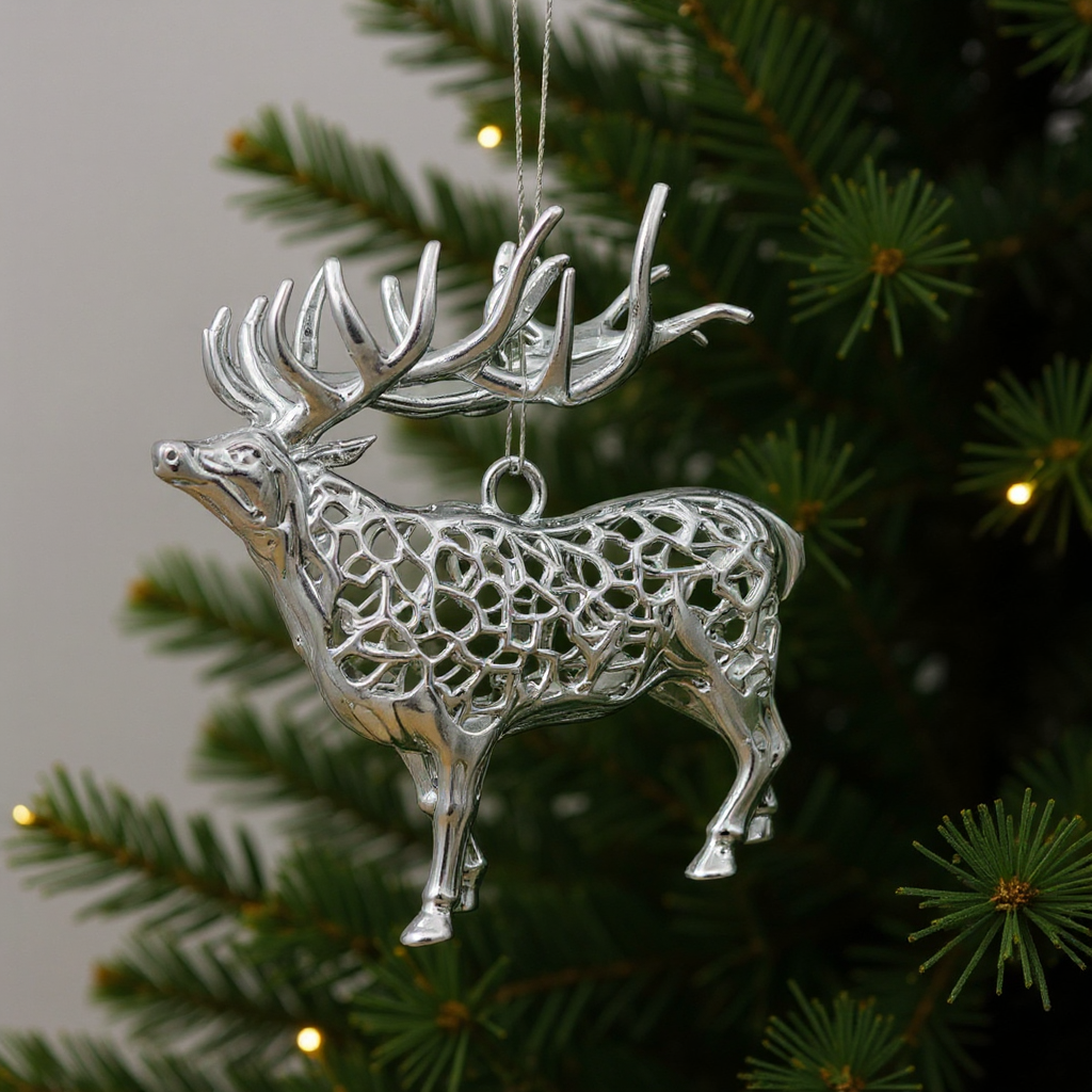 Reindeer christmas ornament | metallic holiday tree decor in gold, silver and antique | set of 2 or 4
