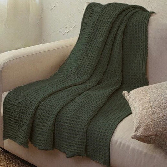 Moss Green - Waffle Weave Throw Blanket | Super Soft | Pre-Washed | Pure Linen, Linen Cotton Mix or Pure Cotton Fabric
