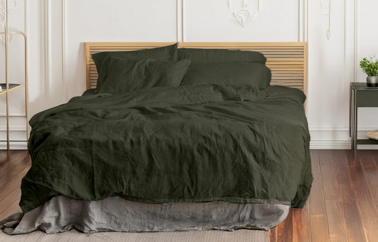 Moss Green - 100% Pure Linen | Linen Cotton Mix | 3 Piece Duvet Cover Set | 4 Piece Sheet Set | Handmade | Pre-washed | Soft