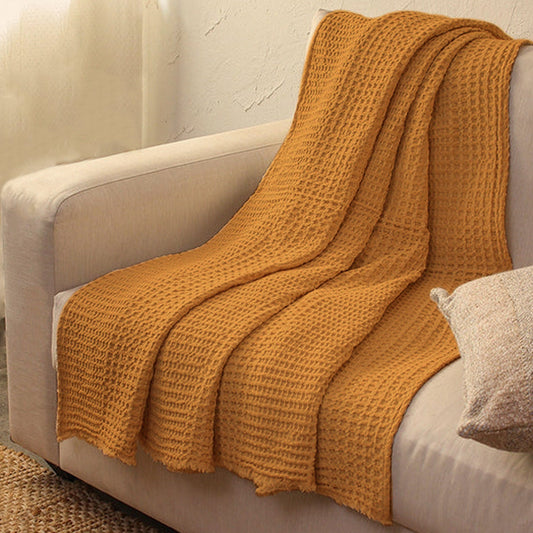 Mustard Yellow - Waffle Weave Throw Blanket | Super Soft | Pre-Washed | Pure Linen, Linen Cotton Mix or Pure Cotton Fabric