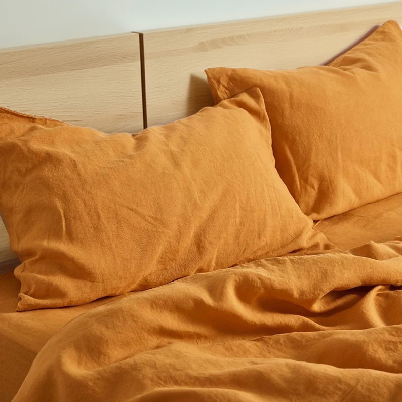 Mustard Yellow - 100% Pure Linen | Linen Cotton Mix | 3 Piece Duvet Cover Set | 4 Piece Sheet Set | Handmade | Pre-washed | Soft