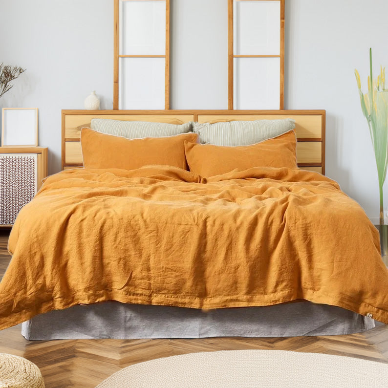 Mustard Yellow - 100% Pure Linen | Linen Cotton Mix | 3 Piece Duvet Cover Set | 4 Piece Sheet Set | Handmade | Pre-washed | Soft