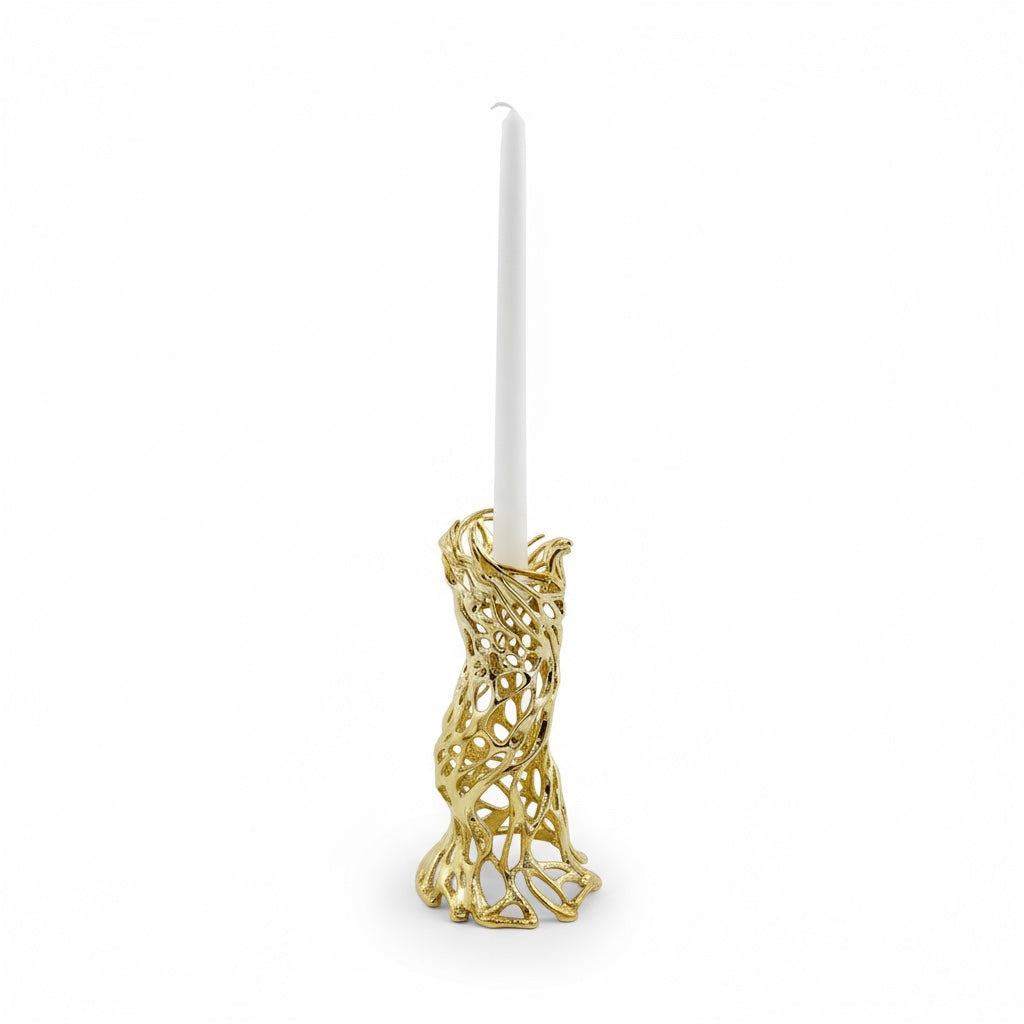 Roots – Electro-formed Sculptural Taper Candleholder | Organic Spiral Coral-Inspired Home Accent in Gold, Silver or Antique Finish