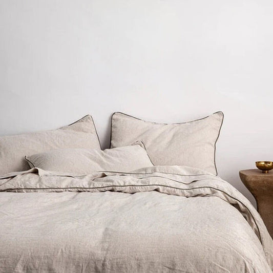 Natural Beige with Moss Green Piping - 100% Pure Linen or Linen Cotton | 3 Piece Piped Duvet Cover Set | Handmade | Pre-washed