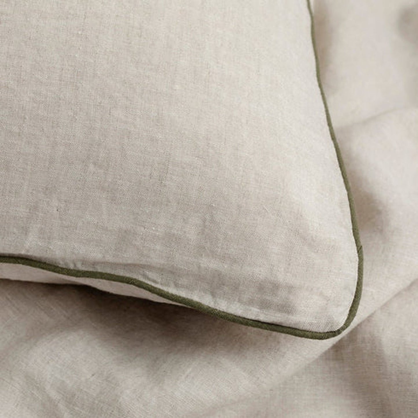 Natural Beige with Moss Green Piping - 100% Pure Linen or Linen Cotton | 3 Piece Piped Duvet Cover Set | Handmade | Pre-washed