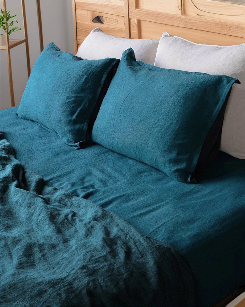 Peacock Blue - 100% Pure Linen | Linen Cotton Mix | 3 Piece Duvet Cover Set | 4 Piece Sheet Set | Handmade | Pre-washed | Soft