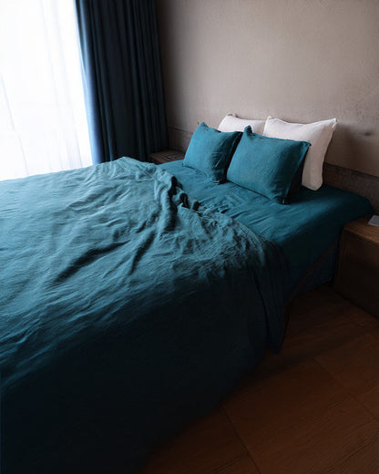 Peacock Blue - 100% Pure Linen | Linen Cotton Mix | 3 Piece Duvet Cover Set | 4 Piece Sheet Set | Handmade | Pre-washed | Soft